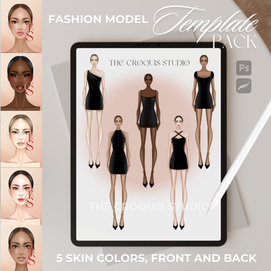 Fashion model croquis pack - 5 colored base templates for fashion sketching