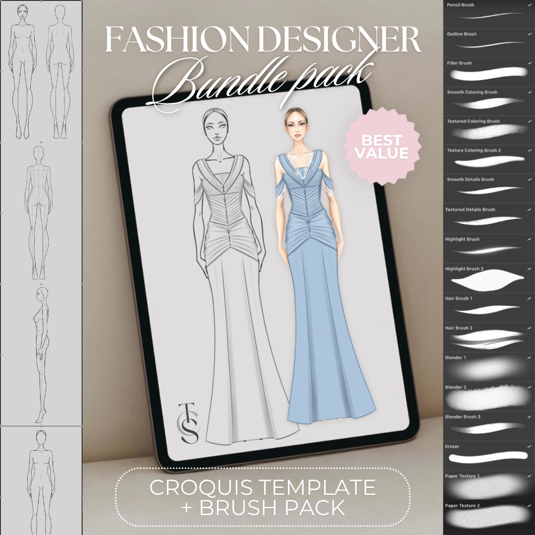 Fashion illustration procreate brushes + fashion figure croquis template | Fashion designer bundle
